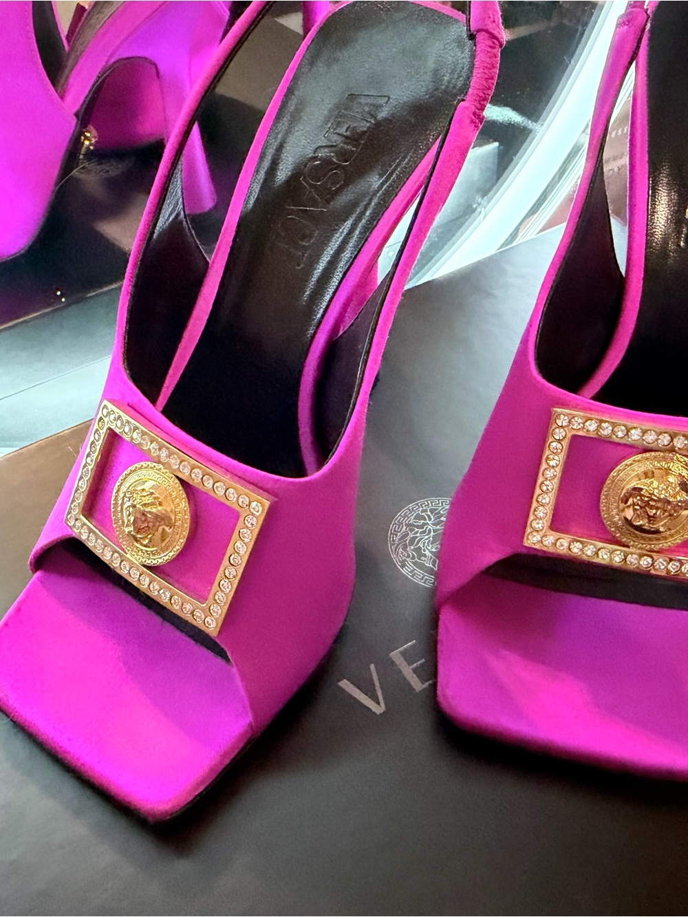 Versace Women's Fuchsia Satin Jewel Medallion Slingback Heels